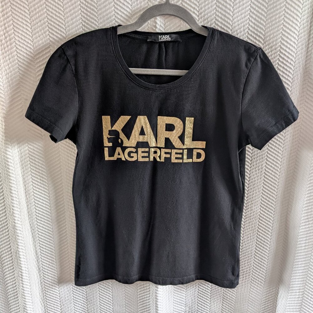 Karl Lagerfeld Stack Logo T-Shirt Black with Gold Print Size Size XS Tee Casual